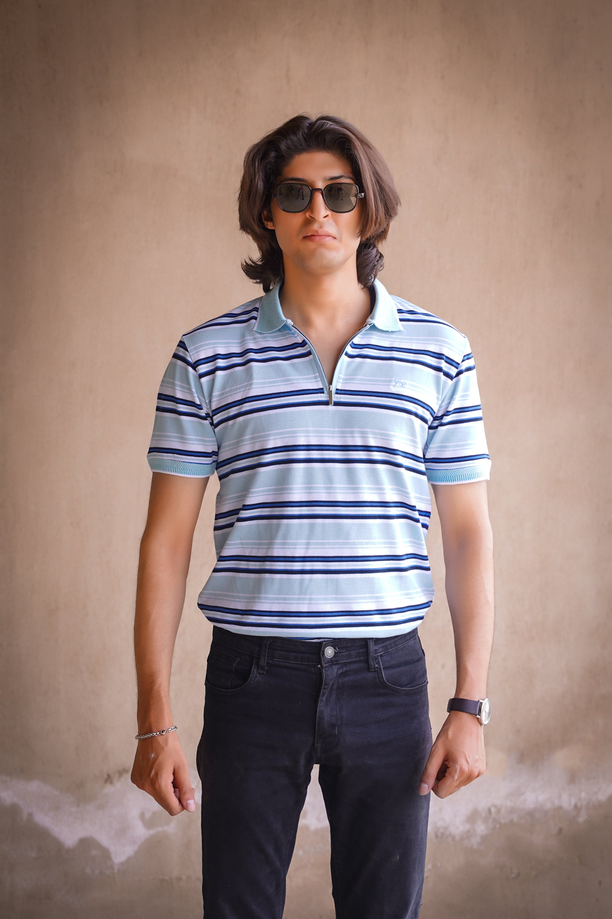 Blue Striped Zip Collar Polo