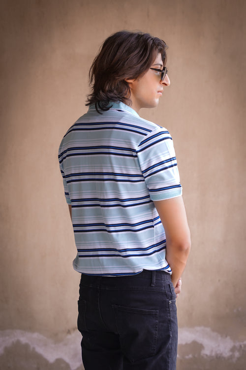 Blue Striped Zip Collar Polo