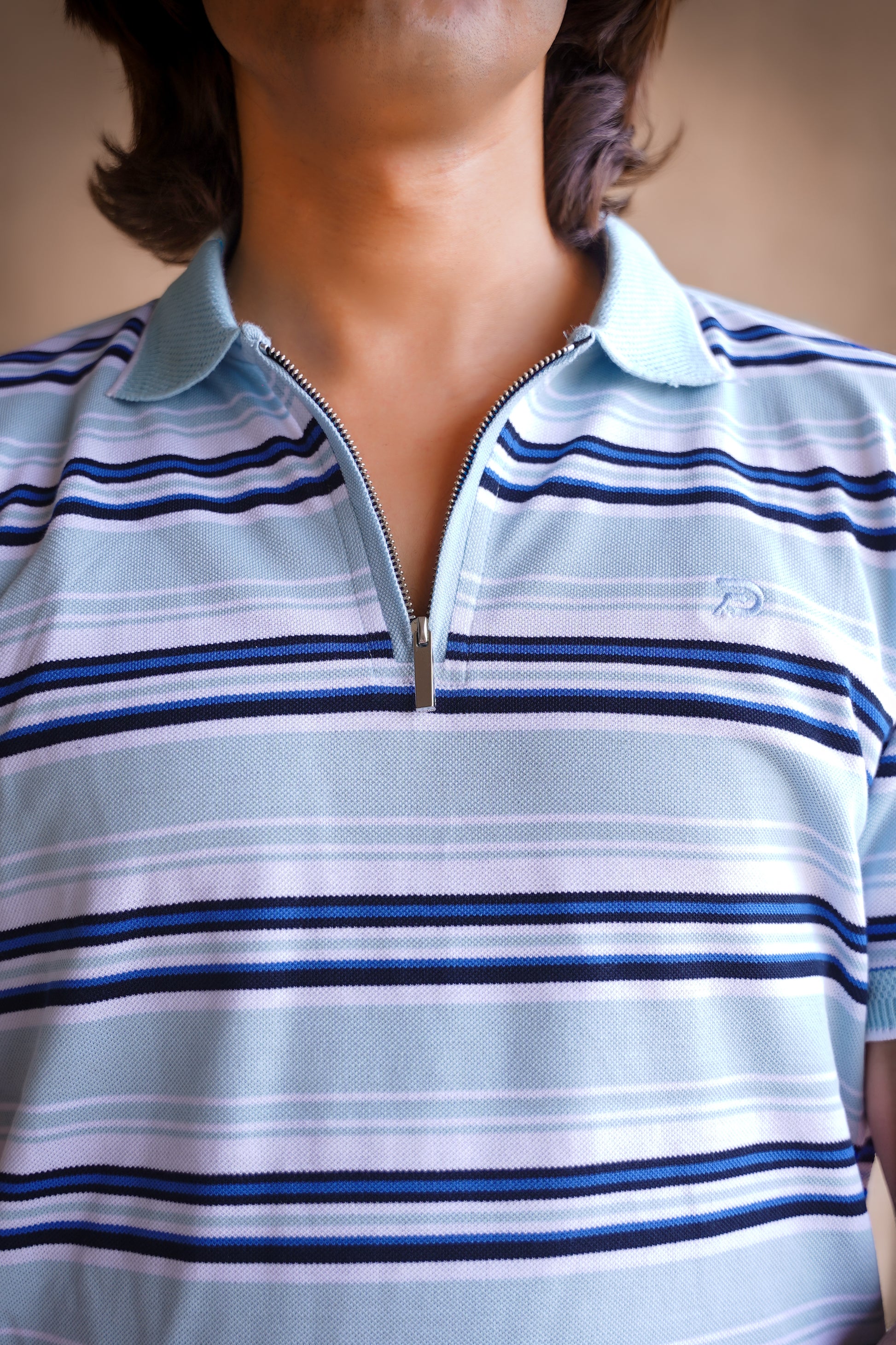Blue Striped Zip Collar Polo
