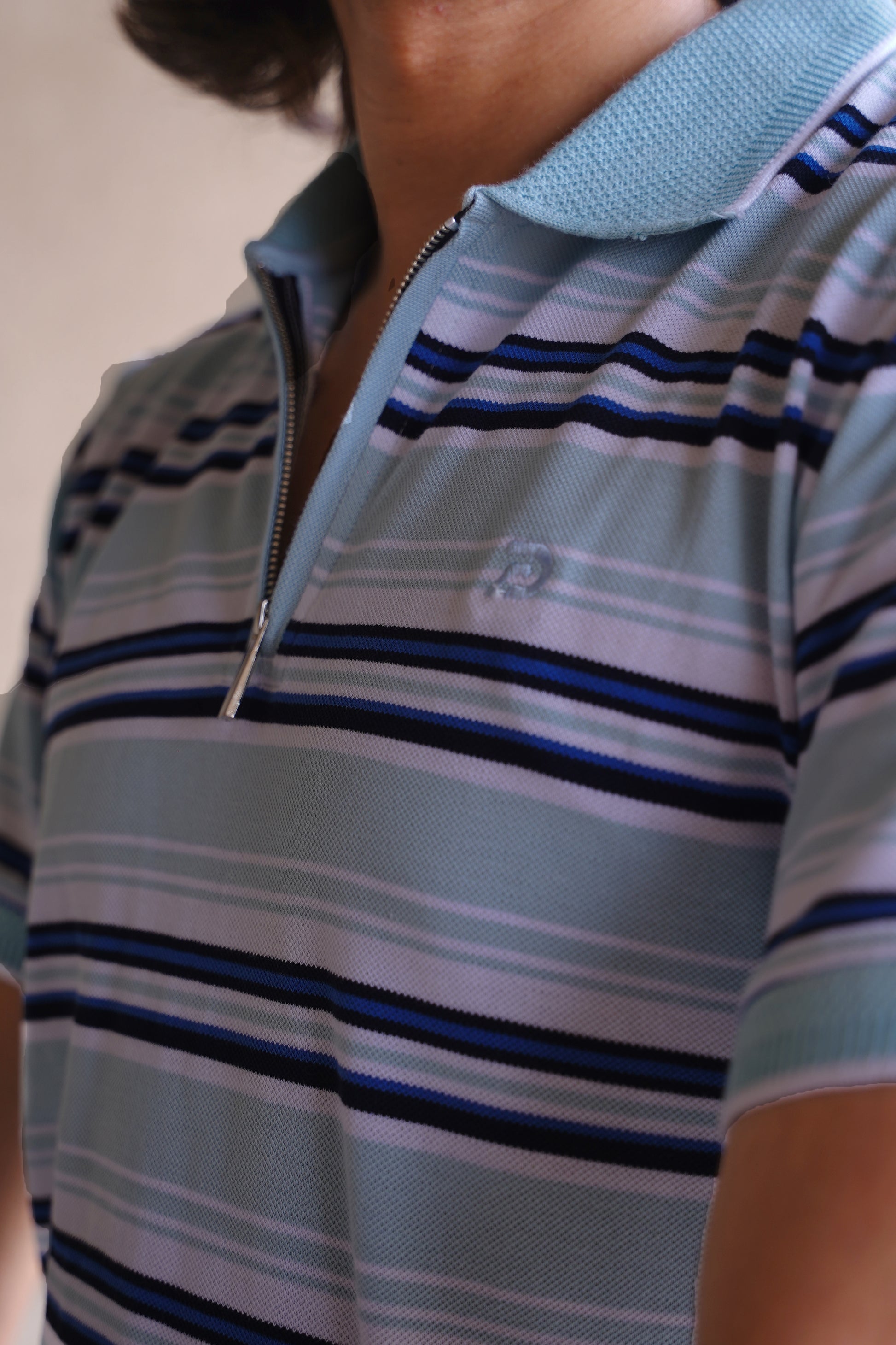 Blue Striped Zip Collar Polo
