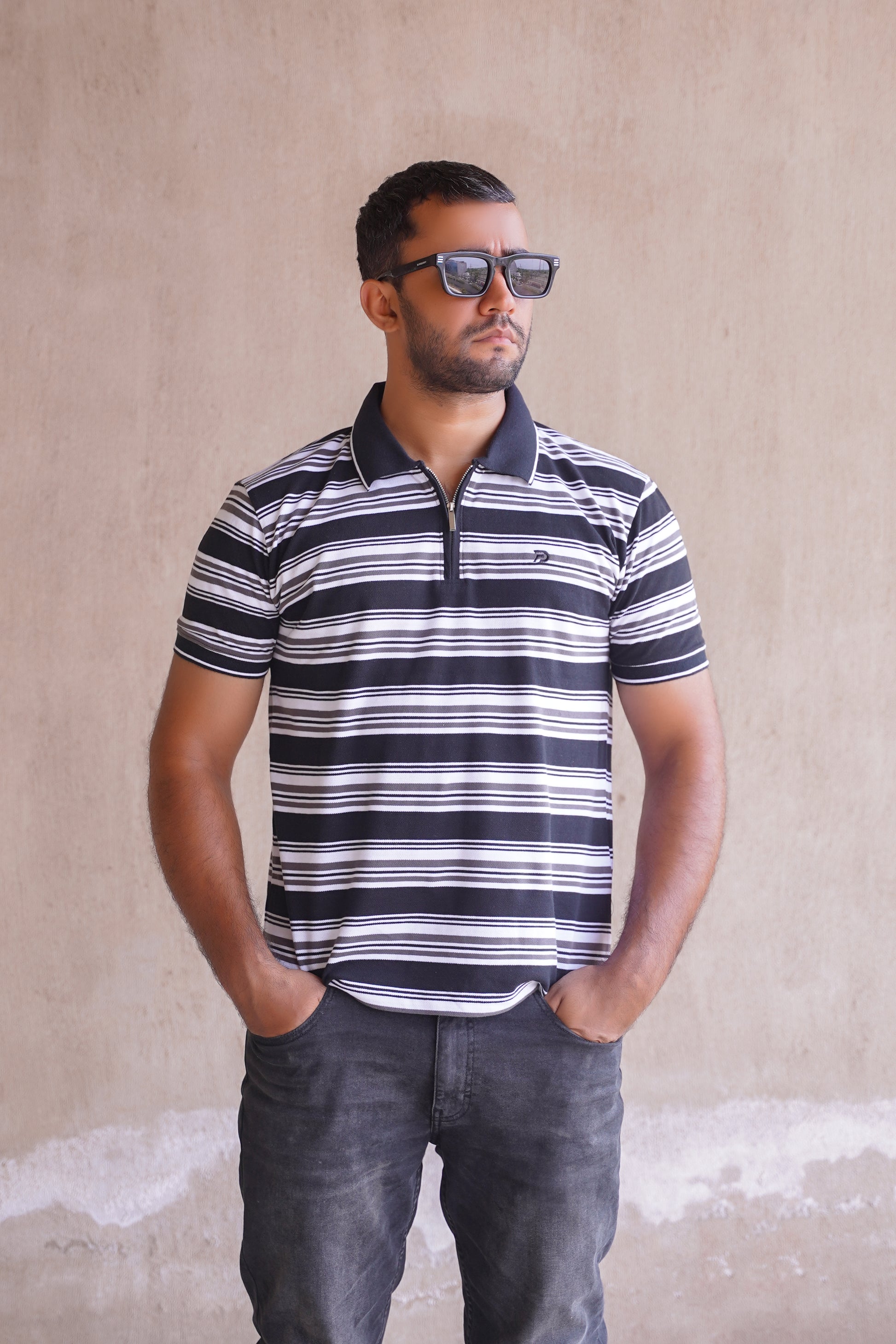 Black Striped Zip Collar Polo