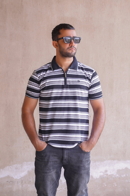 Black Striped Zip Collar Polo