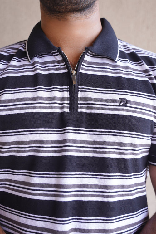 Black Striped Zip Collar Polo