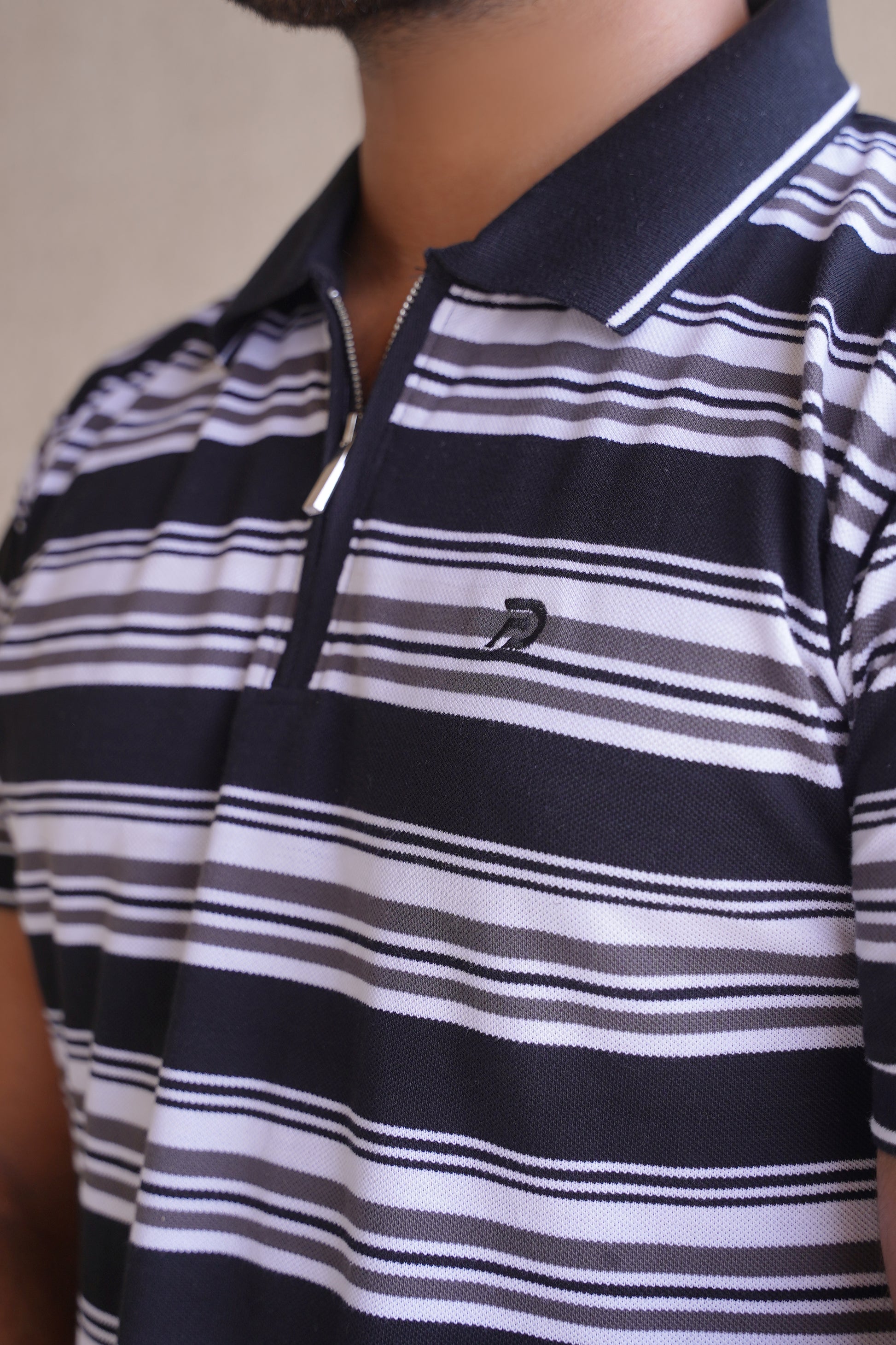 Black Striped Zip Collar Polo