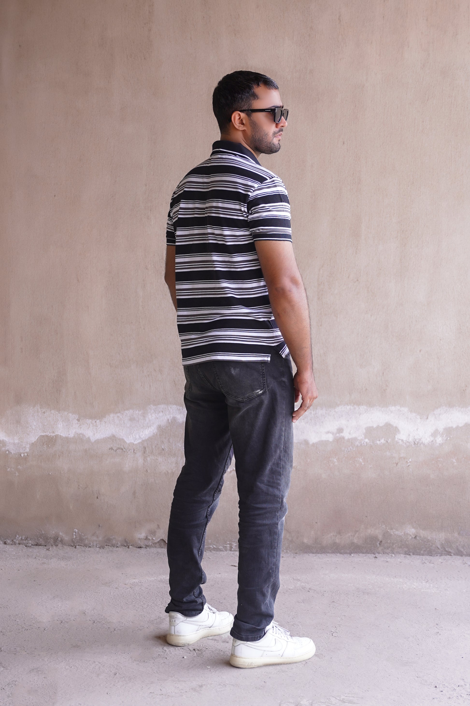 Black Striped Zip Collar Polo